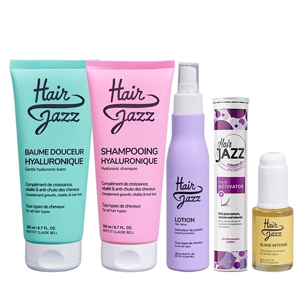 Hair Jazz Haarwachstum-Set:  Shampoo, Spülung, Lotion, Serum und Vitamine