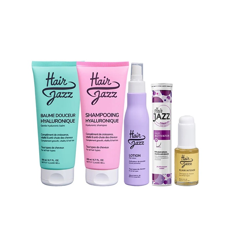 Hair Jazz Haarwachstum-Set:  Shampoo, Spülung, Lotion Serum und Vitamine