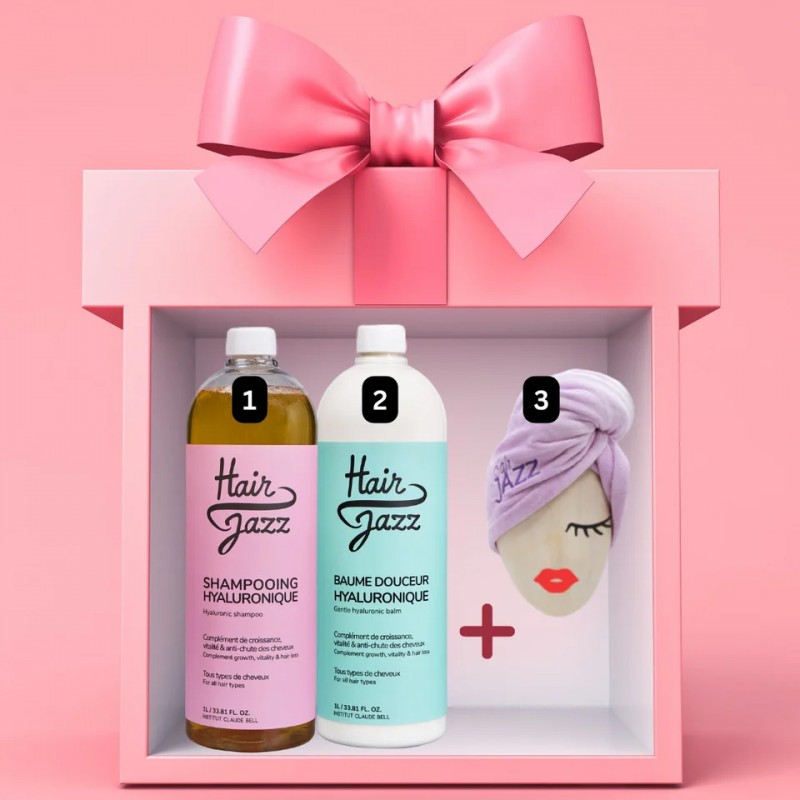 HAIRJAZZ Shampoo (1 Liter), repair Spülung  (1 Liter) + Haarturban als Geschenk