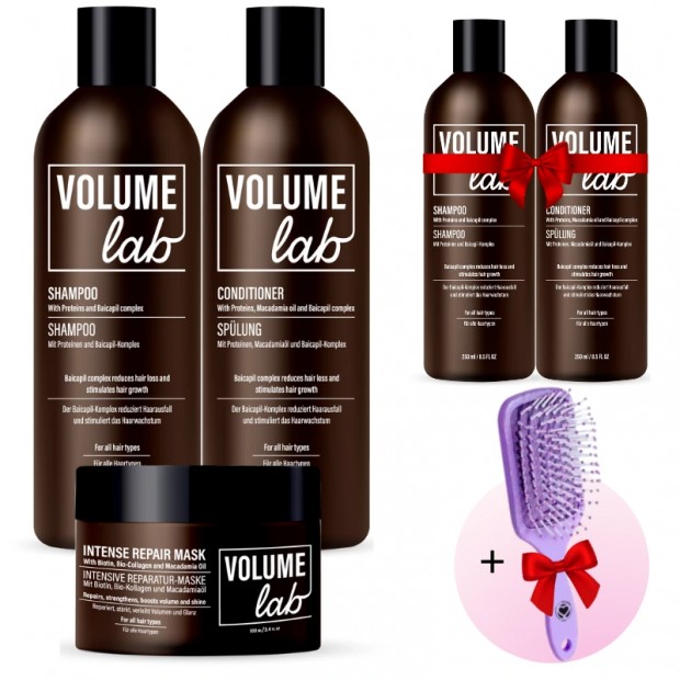 Volume Lab - Intensives Wiederherstellungs- Und Feuchtigkeitsset Für Das Haar + Shampoo, Maske und Glättungsbürste als Geschenk
